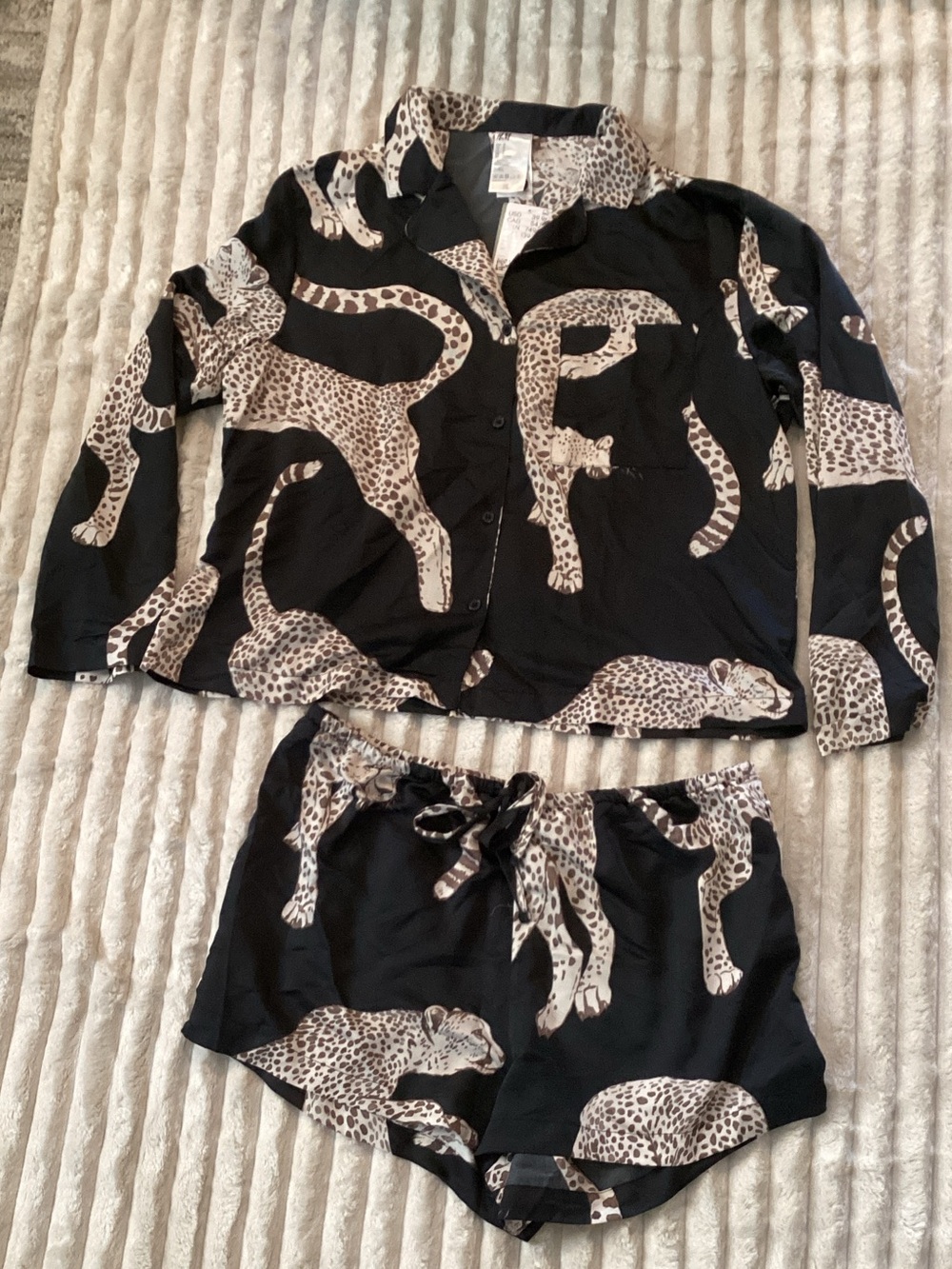H&M Black Pajama Set with Cream Leopard Print